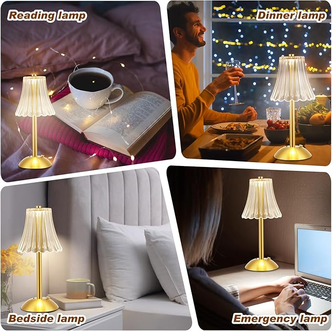 Liliful 20 Pcs LED Portable Cordless Table Lamp Touch Battery Operated Rechargeable Gold Desk Lamp 3 Color Dimmable for Bedroom Living Room Dining (Gold,Rose Style)