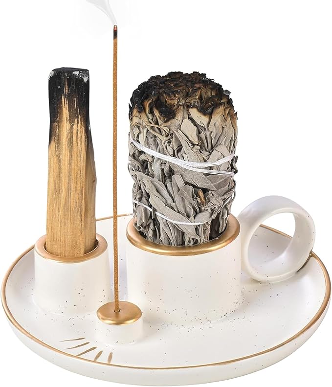 4-in-1 Palo Santo Holder for Burning Sage and Sticks, 5.9-Inch Ceramic Incense Burner and Ash Catcher Tray with Handle for Meditation Home Zen Decor