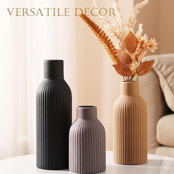 Ceramic Vase Set of 3 - Handcrafted Ceramic Vases for Home Decor & Shelf - Modern Farmhouse Decor for Kitchen, Office, Bedroom & Living Room Decorative Objects for Mantel, Table Centerpieces