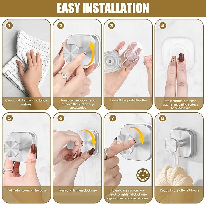 Suction Cup Hooks for Shower, Heavy Duty Bathroom Hooks for Glass, Tile & Smooth Surfaces to Hang Towels, Robes & Coats, Reusable Metal Hooks – Silver (4 Pack)