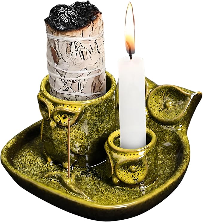 Comeon Palo Santo Holder, 4 in 1 Ceramic Owl Backflow Incense Burner Holder Candle Holder Sage Holder for Burning Bow(Yellow)