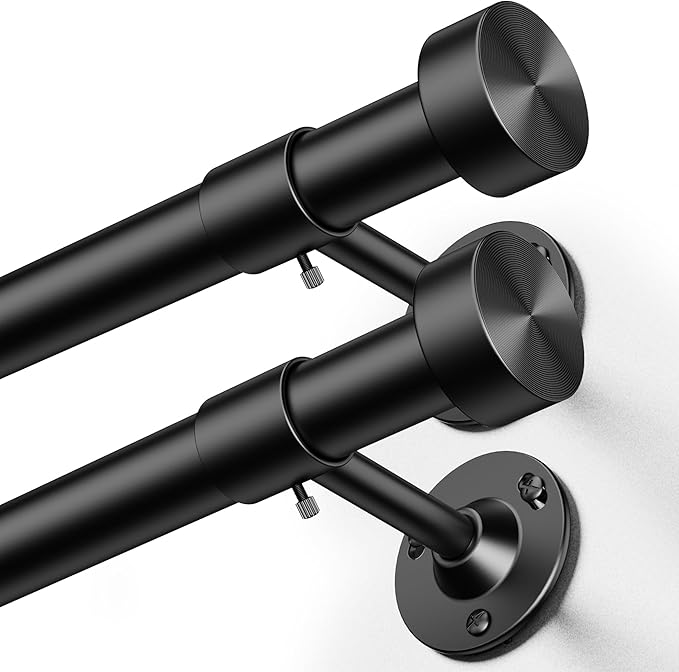 YaFex 2 Pack Heavy Duty Curtain Rods 32-120 Inch, 1 Inch Adjustable Long Curtain Rods for Windows, Black Window Treatment Rod Set with Aluminium Finials, Modern Design