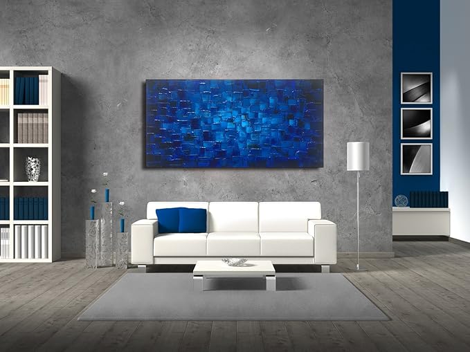 MyArton Textured Abstract Squares Canvas Wall Art Hand Painted Modern Dark Blue Oil Painting for Decoration Ready to Hang 48x24inch