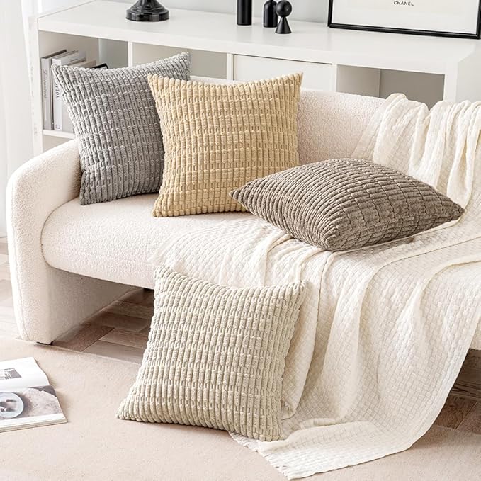 MIULEE Pack of 4 Neutral Decorative Throw Pillow Covers 12x12 Inch for Couch Sofa Living Room Bed Rustic Farmhouse Boho Corduroy Soft Striped Pillow Covers Home Decor