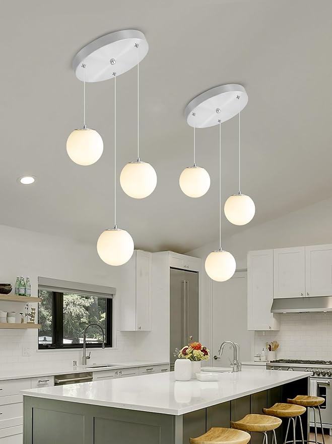 3-Light Globe Pendant Light for Kitchen Island Silver Pendant Light Fixtures with White Glass Globe Hanging Lights for Bedroom,Hallway,Bar