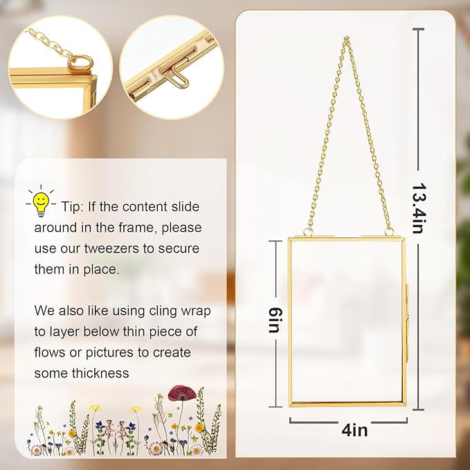 FOCHIER F 4x6in Pressed Flower Frame with Tweezers, Wall Hanging Tabletop Display Double Glass Frame with Metal Chain for Dried Flowers Plants, Horizontal and Vertical Picture Frame, Gold,FRAME ONLY