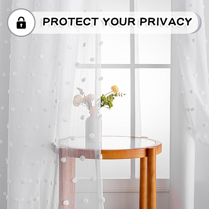 MYSKY HOME White Pom Pom Sheer and Curtains for Living Room 84 Inches Long Nursery Curtains Girls Kids Bedroom Light Filtering Double Layer Window Drapes Grommet,White, 52 x 84 Inch, 2 Pieces