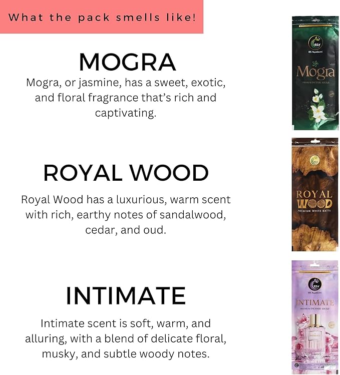 Hashcart Natural Incense Gift Set of 3 Includes 200+ Sticks Premium Fragrances Each of Royal Wood, Mogra, Intimate, 110g Each, 45-50 Min Burn Time with 1 Assorted Incense Stick Holder