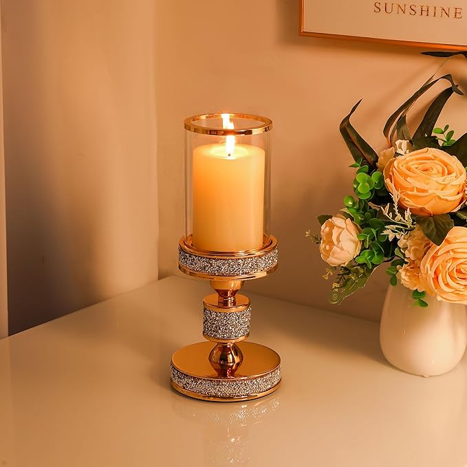Pillar Candle Holder with Glass Wind Proof, Metal Hurricane Holders, Gold Crystal Candle Stand for Table Centerpieces, Home Decor, Wedding, Dining Table (S, 1PC, for Pillar Candles up to 3"x5")