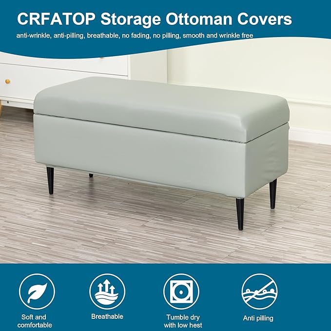 CRFATOP Waterproof PU Ottoman Stool Cover Stretch Folding Storage Footstool Bench Slipcovers Upholstered Foot Chest Chair Covers Washable Entryway Furniture Protector with Elastic Bands,S,Light Grey