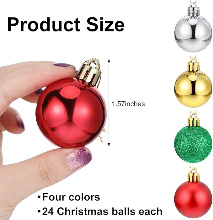 Boao 96 Pcs Christmas Mini Balls Ornaments Miniature Xmas Tree Ornaments Multicolour Shiny Small Hanging Decorations for Christmas Holiday Party Decor(1.57 Inch,Red, Gold, Silver, Green Balls)