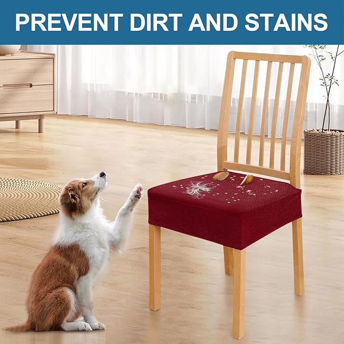 Smiry Waterproof Seat Covers for Dining Room Chairs Set of 4, Stretch Jacquard Removable Washable Chair Seat Slipcovers Protector, No Rear Covers, Wine Red