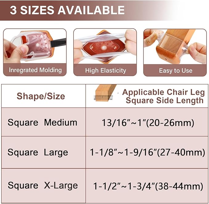 Chair Leg Floor Protectors Chair Leg Protectors for Hardwood Floors Silicone Caps Felt Strengthen Bottom Protection Anti-Scratch Reduce Noise 16 Pack Clear Square Fit:1-1/8" to 1-9/16" (27-40mm)