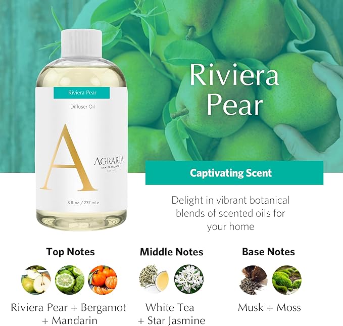 AGRARIA Reed Diffuser Refill, Scented Oil Home Fragrance, Reed Oil Diffuser Gift Set for All Occasions, Riviera Pear