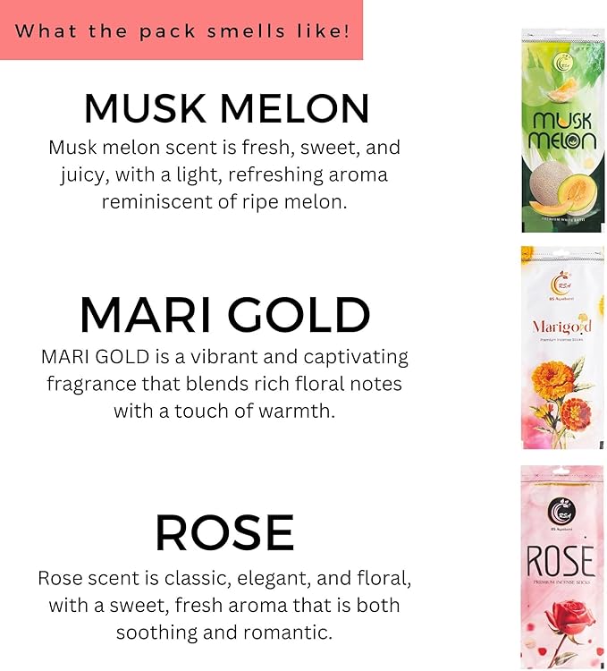 Hashcart Natural Incense Sticks Set of 3 Includes 200+ Sticks with Each of Rose Musk Melon Marigold Fragrances Pack, Made up of Natural Organic Ingredients with 45-50 Min Burn Time