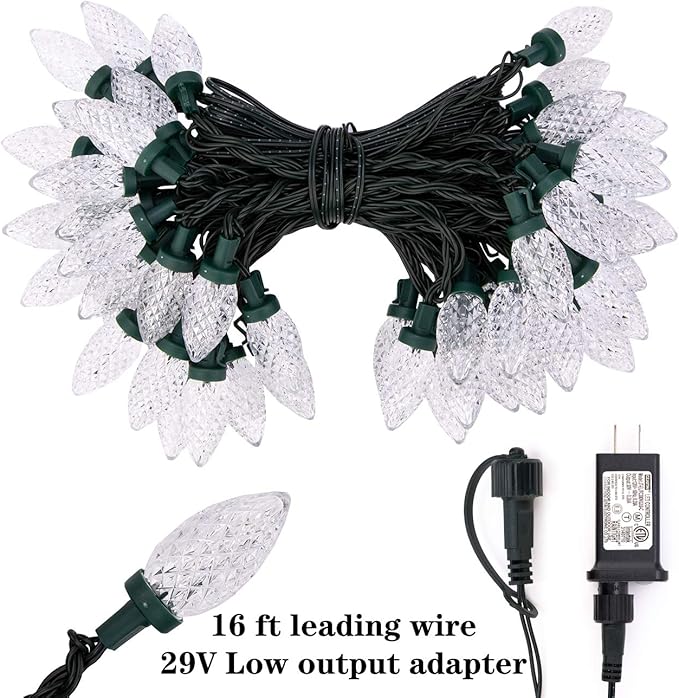 AWQ 50LED 49 FT C9 Christmas String Lights Plug in Fairy Twinkle String Lights 8 Modes Timer Function Waterproof Extendable for Indoor Outdoor Wedding Party Christmas Decoration (50, White)