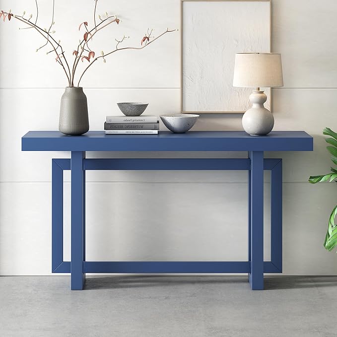 Knocbel Contemporary Console Table with Industrial-Inspired Concrete Wood Top, Minimalist Entryway Table for Hallway Living Room Foyer Corridor, 59.1" W x 15.7" D x 31.7" H (Navy Blue)