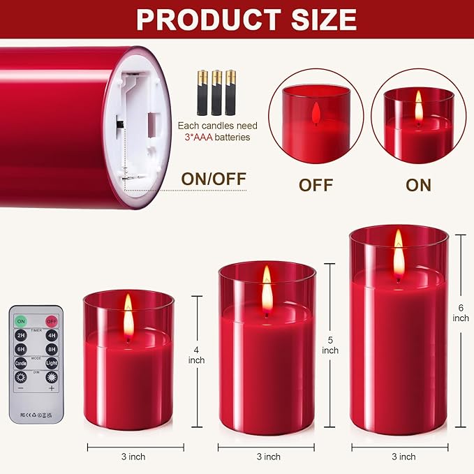 Tyawon Glass Battery Operated LED Flameless Candles with Remote and Timer, Real Wax Candles Warm Color Flickering Light for Festival Wedding Home Party Decor(Pack of 3)-Red