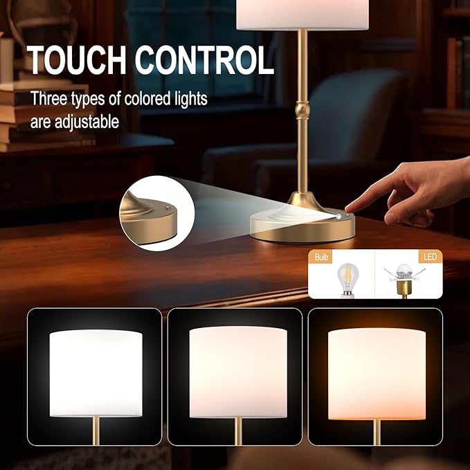 Cordless LED Table Lamp,Portables Fabric Shade Desk Lamps, Rechargeable Battery Powered Lighting, Dimmable Light for Dining Room, Bedroom, Bedside, Night Light, Balcony (Gold)