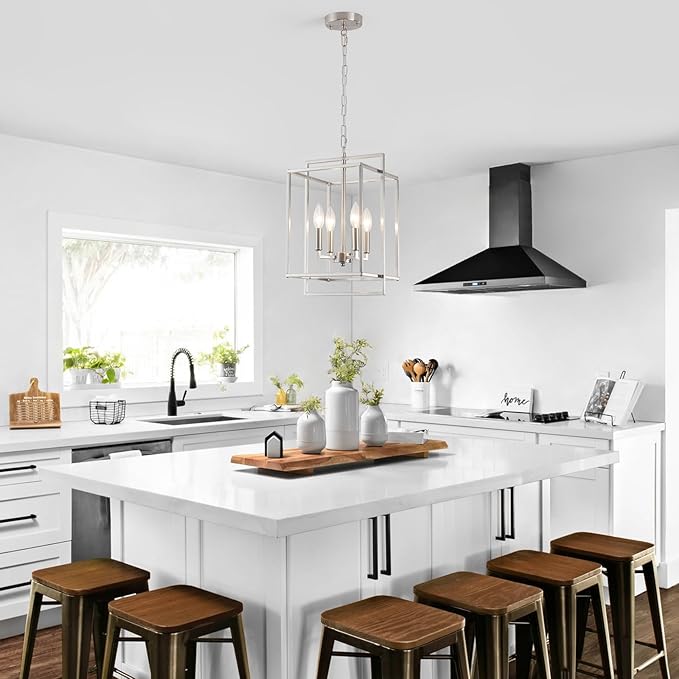 Nickel Chandelier Dining Room Light Fixture Lantern Chandeliers Iron Farmhouse Pendant Light Rustic Rectangle Adjustable Height Modern Kitchen Light for Living Room Entryway