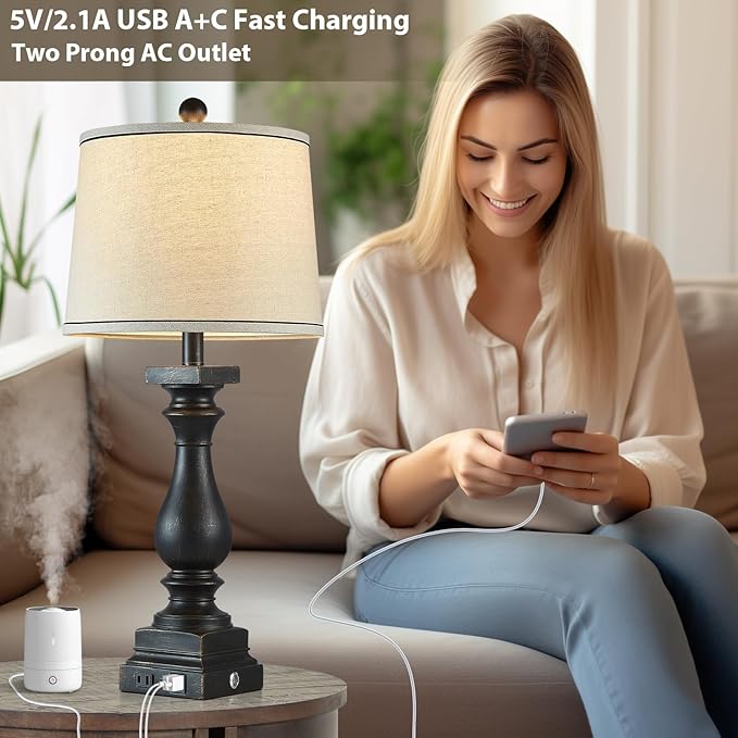 28" Tall Farmhouse Table Lamps Set of 2 with USB C+A Ports and AC Outlet, 3 Way Touch Control Rustic Bedside Lamp for Bedroom, Black Vintage Nightstand Lamp for Living Room Office