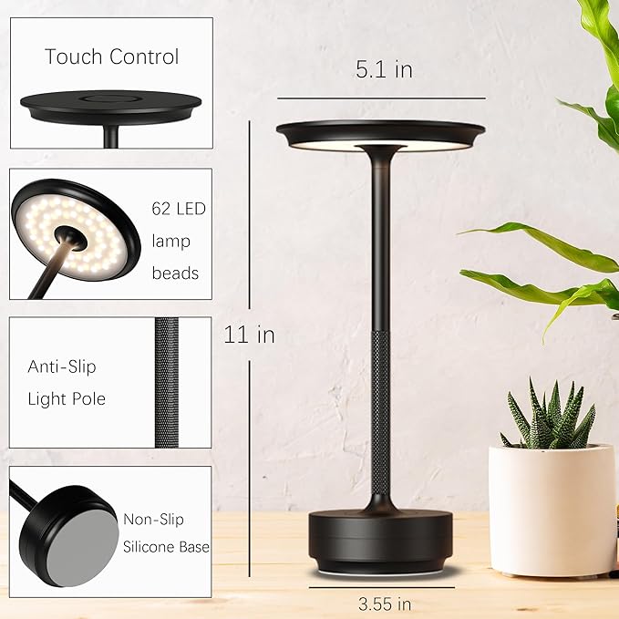 2 Pack Rechargeable Cordless Table Lamps, Portable 5000mAh LED Table Light, 3 Color Stepless Dimming Battery Powered Metal Table Lamp for Outdoo/Restaurant/Home/Patio.(Black)