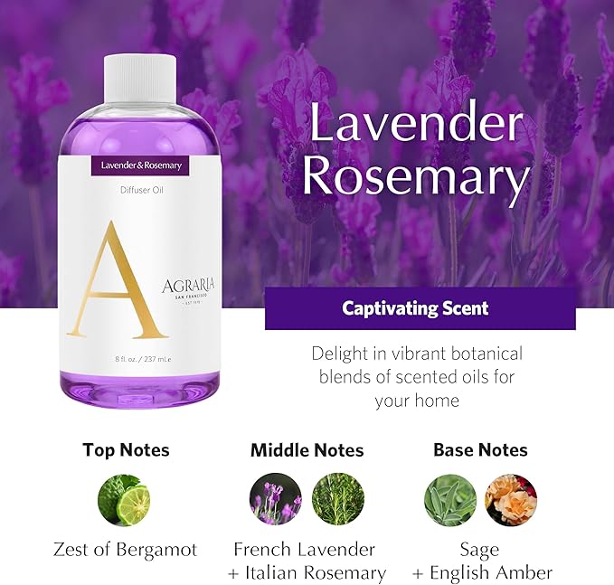AGRARIA Reed Diffuser Refill, Scented Oil Home Fragrance, Reed Oil Diffuser Gift Set for All Occasions, Lavender & Rosemary