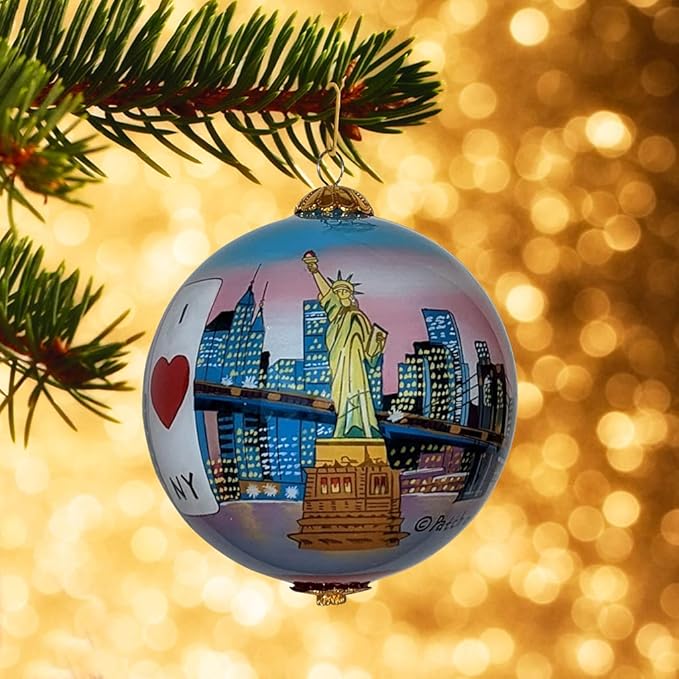 New York City at Sunset Christmas Ornament Hand Painted from Inside with Decorative Gift Box