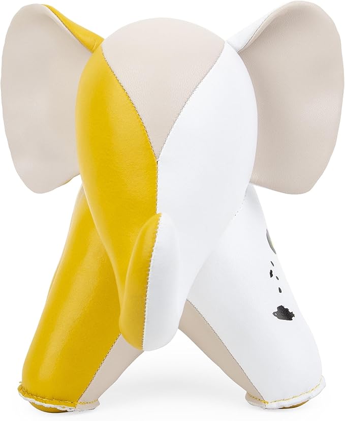 Bookend Elephant Abby Fresh Awaken, Leather Bookends for Shelves, Handmade Animal Home Decor, Zuny Series, White+Yellow Leopard+Ochre Yellow
