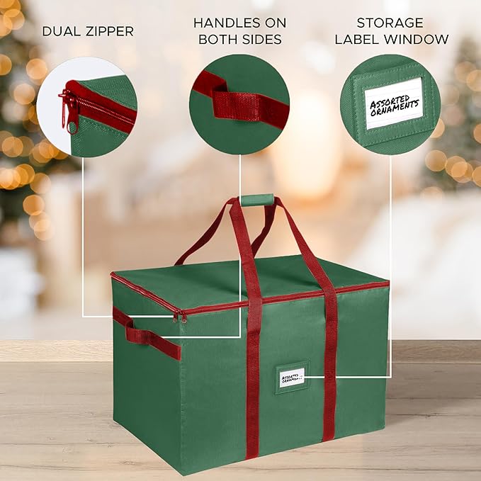 Christmas Ornament Storage Container,Box Stores Up to 96-4 inch ornaments, Adjustable Dividers, Large Organizer Bin to Protect and Store Holiday Décor - Green