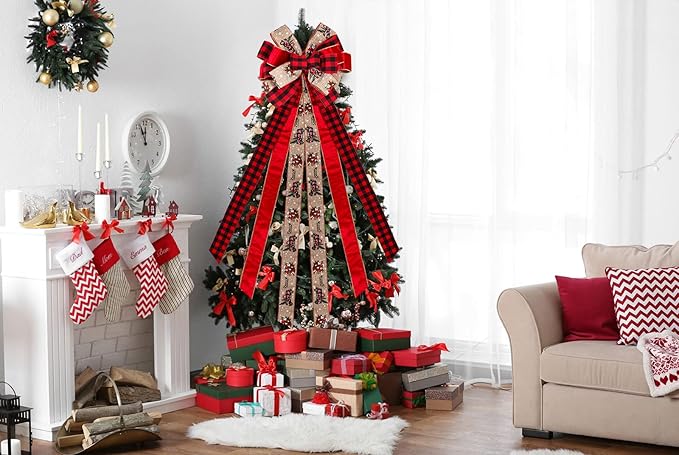 RECUTMS Red Christmas Bows 56.7x13 inches Christmas Tree Topper Bows Large Handmade Burlap Bow with Xmas Patterns Christmas Wreath Decoration for Indoor Outdoor Xmas Party Home Holiday Winter