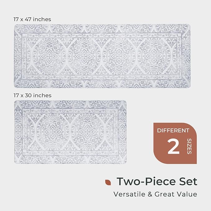 FRESHMINT 2 Piece Set Boho Kitchen Mats for Floor Bohemian Distressed Anti Fatigue Kitchen Rugs Vintage Farmhouse Cushioned Kitchen Runners for Standing Waterproof & Non-Skid Comfort, Gray