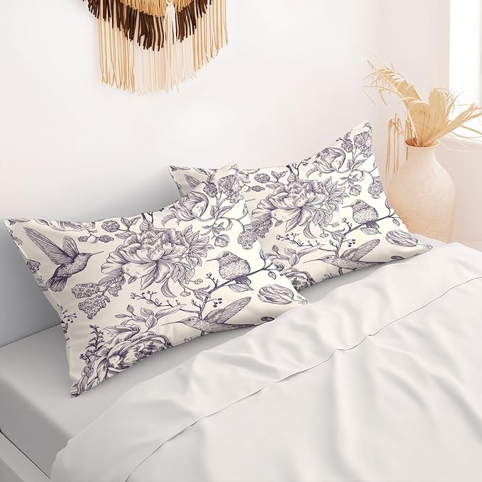 Chinoiserie Pillow Protectors with Zipper Standard Size Vintage Floral Birds Print Pillow Covers Set of 2 Rustic Nature Gold Flowers Pillow Cases Antique Midcentury Bed Pillow Covers 12"x24" Beige