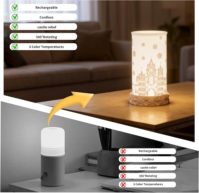 Indoor Battery Operated Table Lamp, 1500mAh Rechargeable Bedside Lamp 3 Color Temperatures with Rotatable Lampshade, USB C Charging Touch Control Nightstand Lamp for Bedroom, Dinning Room, Dorm