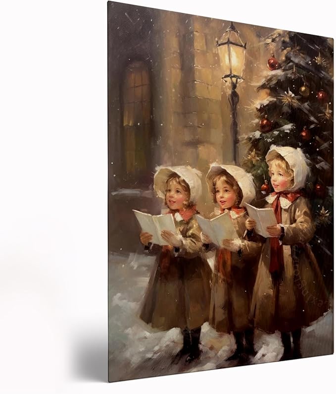 Christmas Carolers Wall Art,Three Children Christmas Carolers Poster,Christmas Decor,Holiday Decor,Winter Print,Christmas Print,Nursery Decor Art,Vintage Winter Christmas Print12x16inch Framed Art