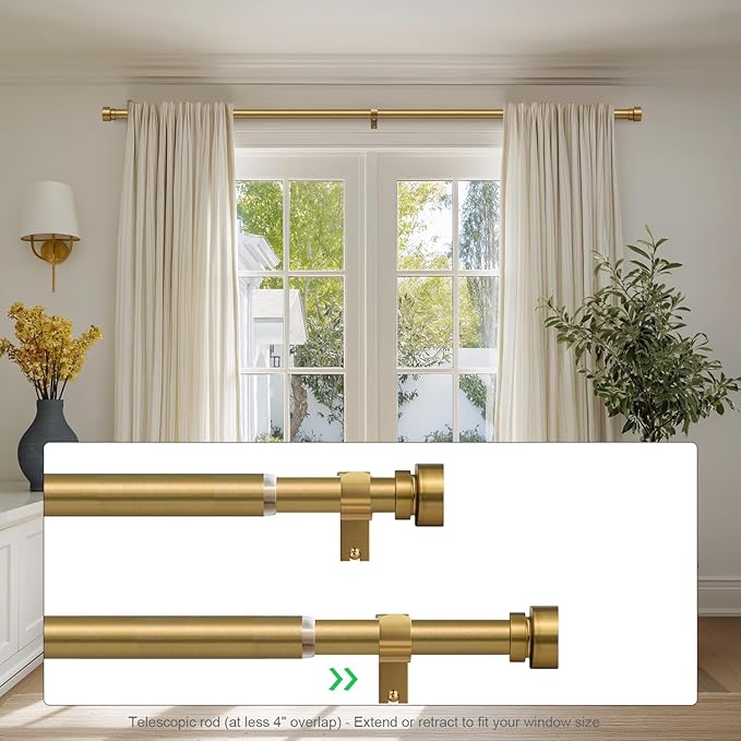 2 Pack Brass Gold Curtain Rods Set for Windows 48 to 84 Heavy Duty 1" Diameter Adjustable Window Single Rods with Solid Metal Finials for Bedroom Living Room Kitchen Farmhouse