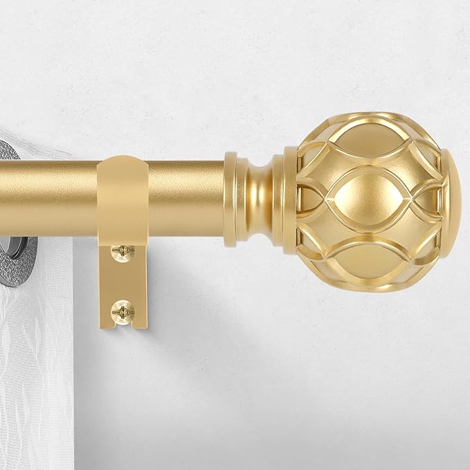 Gold Curtain Rods for Windows:Farmhouse Boho Decorative Curtain Rod for Bedroom Living Room,Heavy Duty Adjustable Rustic Drapery Rods Set with Vintage Coastal Texture Finials,Brass Gold 72-144"