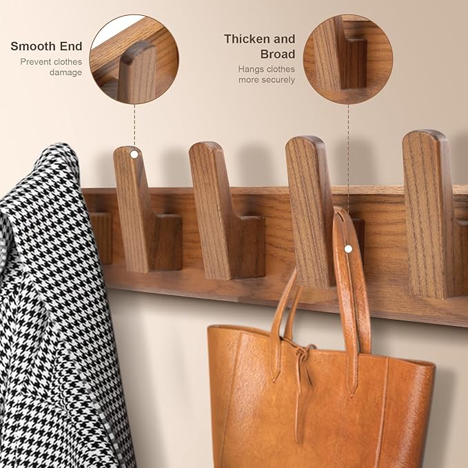 Wood Coat Rack Wall Mount with 5 Hooks, 17'' Hole to Hole Wall Coat Rack for Hanging Coat Jacket Backpack, Natural Wall Coat Hook