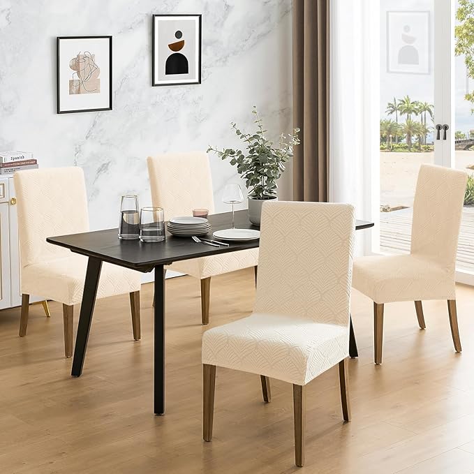 MOSAYT 100% Waterproof Dining Room Chair Covers Set of 6, Super Fit Stretch Jacquard Parson Chairs Slipcovers Removable Washable Chair Seat Protectors for Home, Kitchen, Banquet (Beige)