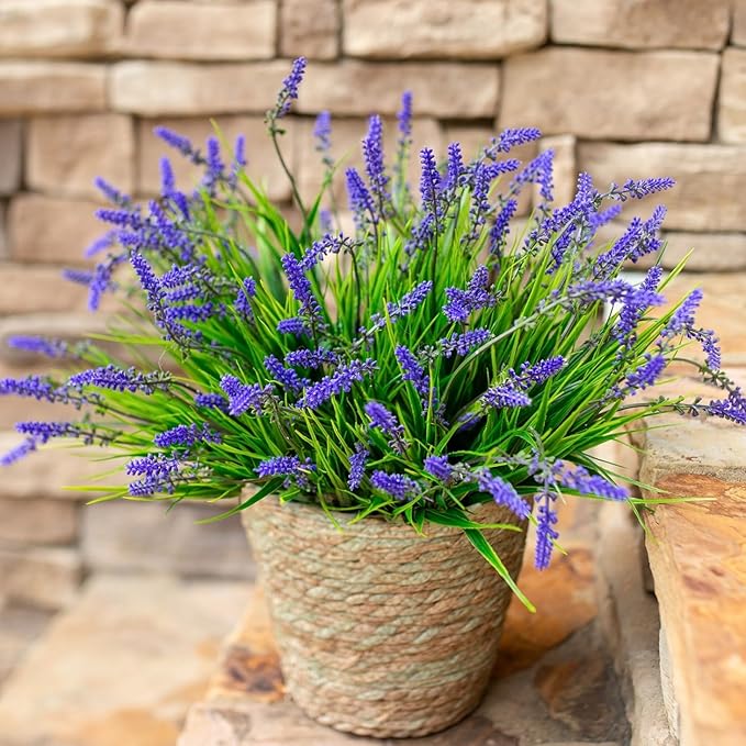 Artificial Fake Outdoor Plants Flowers for Decoration,10 Bundles 16.5" UV Resistant Plastic Tall Realistic Faux Monkey Grass Greenery Stems for Home Outside Planter Window Porch Patio Garden-Purple