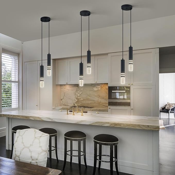 Pendant Lights Kitchen Island, Crystal Pendant Light Fixtures Mini 12W LED Modern Kitchen Pendant Lighting Over Sink and Living Room and Bedroom (Black 2 Light)