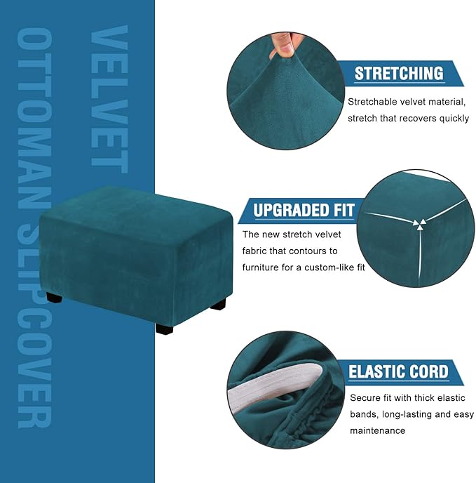 H.VERSAILTEX Real Velvet Plush 1 Piece Form Fit Stretch Rectangle Folding Storage Covers Ottoman Slipcovers Removable Footstool Protect Footrest Covers Elastic Bottom Washable(X-Large, Deep Teal)