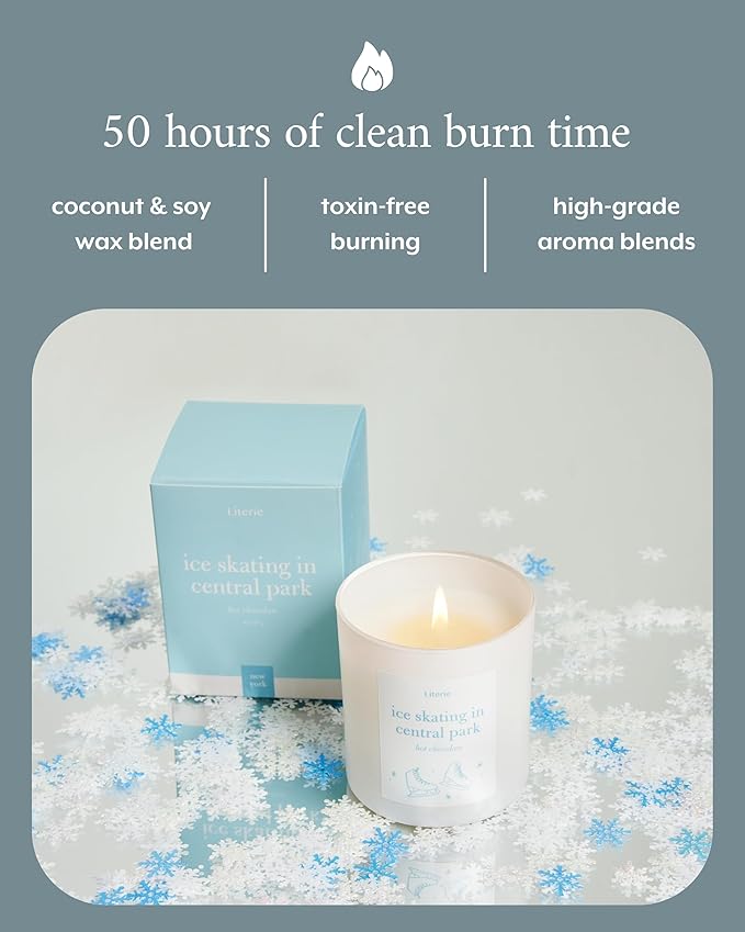 Literie NYC Inspired Scented Candle: Ice Skating in Central Park - Hot Chocolate Scent, 9oz, 50 Hour Burn, Vegan Soy & Coconut Blend Candle for Home Decor, Gift for Women & Men