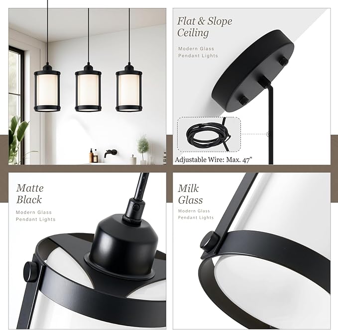 Black Pendant Lights Kitchen Island 3 Pack, Modern Kitchen Pendant Lighting Over Island with Milk Glass, Farmhouse Mini Hanging Light for Sink Dining Room, OS-3014-3PBK