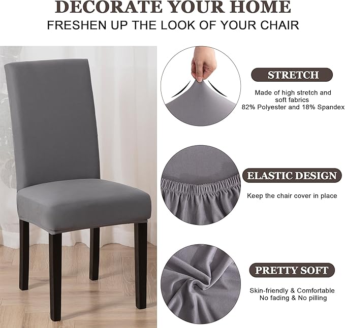 Sufdari Dining Chair Covers,Kitchen Chair Cover,Parsons Chair Slipcover,Spandex Chair Protectors for Dining Room Stretch Chairs Cover Set of 8 -Gray