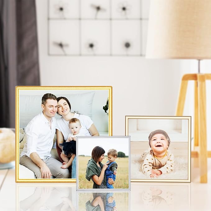5x5 Picture Frame Silver Brushed Modern Simple Thin Aluminum Metal Photo Frame with HD Real Glass, Display for Tabletop and Wall Collage. (2 Pack)