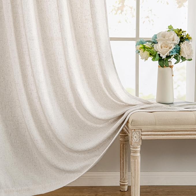 MIULEE Non-See-Through Privacy Linen Curtains 2 Panels, Light Filtering Window Curtains Farnhouse Textured Back Tab Semi Sheer Drapes for Bedroom Living Room, 52 x 63 Inches Long, White