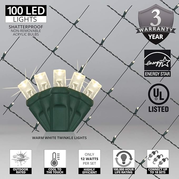 Wintergreen Lighting 100 5mm Warm White Twinkle LED Net Lights, 4 x 6 ft Green Wire Indoor/Outdoor Commercial Grade Outdoor Christmas Decorations for Hedges & Bushes