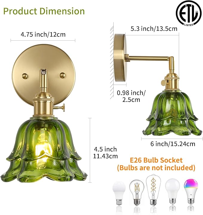 Vintage Wall Sconces Set of 2, Rose Green Lampshade & 180 Degree Adjustable, Brass Wall Lights, for Bedroom Living Room Hallway Aisle, Bulbs Not Included, ETL Listed