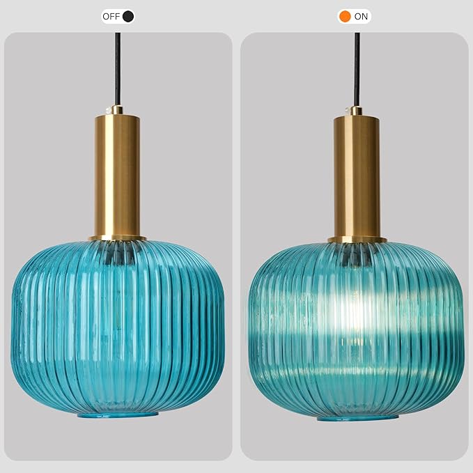 Blue Glass Hanging Lamp Plug in Pendant Light Fixture Ceiling Hanging Lights with Plug in Cord Mid Century Blue Glass Plug in Chandelier for Kitchen Island Bedroom Dining Room Living Room